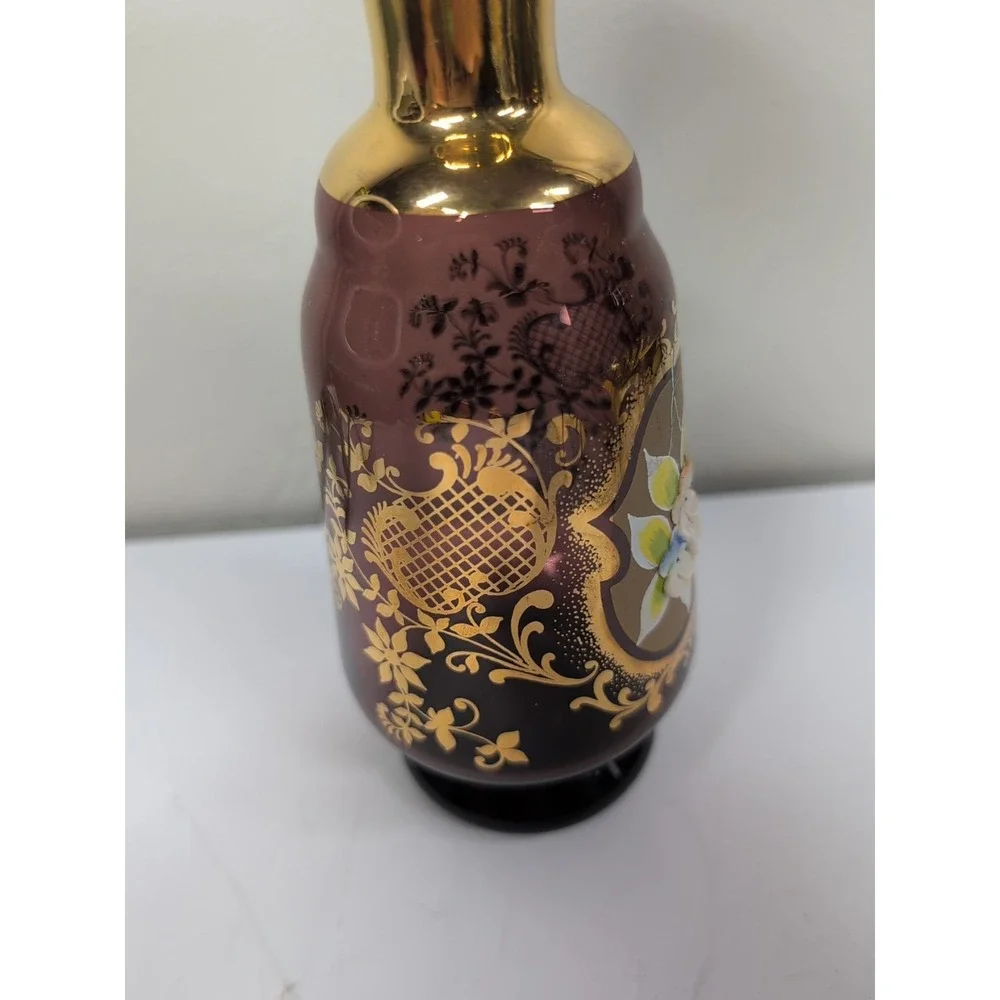 Vtg Purple‎ Amethyst Bohemian Czech Glass Hand Painted Floral 11in